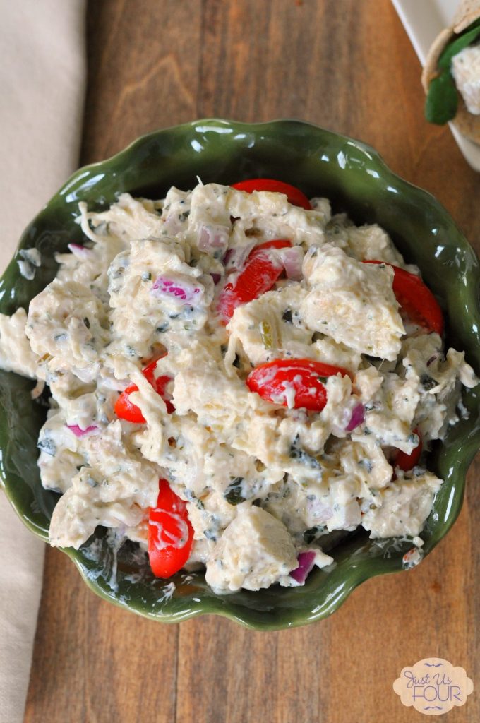 Easy and delicious lunch idea: pesto chicken salad made extra creamy with a blend of yogurts