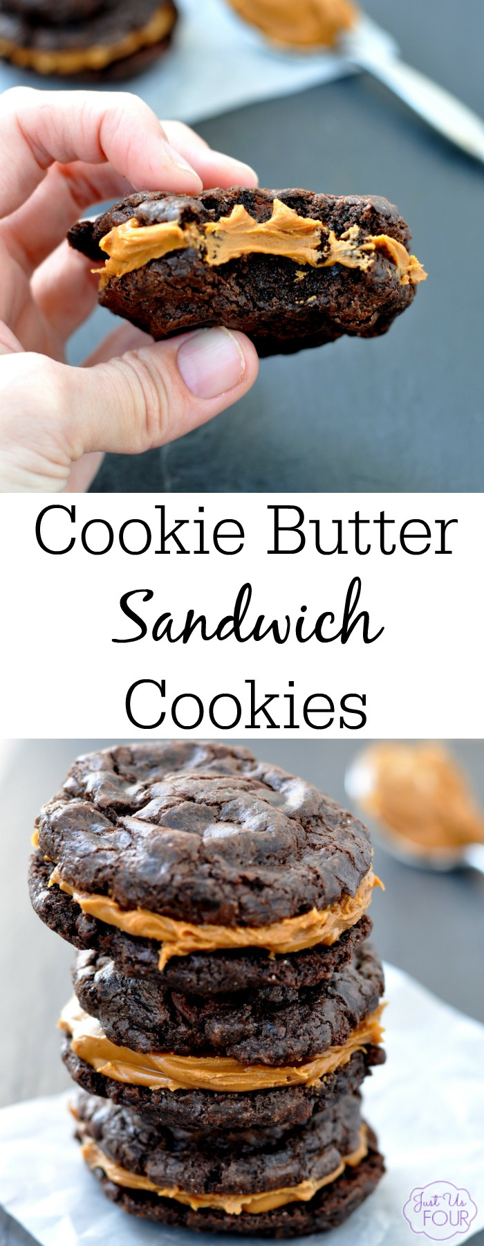 Two amazing fudge cookies with cookie butter sandwiched in between. This cookie recipe is to die for and makes the perfect decadent dessert.